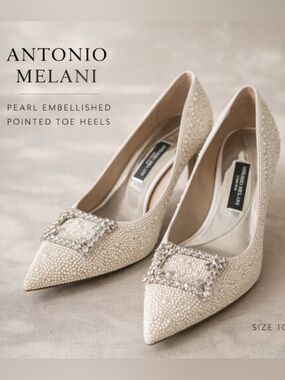 ANTONIO MELANI ivory pearl-embellished pointed-toe heels with crystal buckle